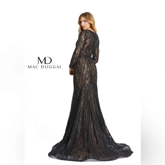 Long sleeve beaded plunge neck lace gown - Picture 2 of 3